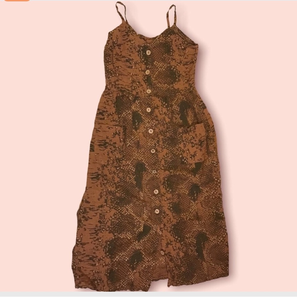 Vintage brown snakeskin glitter print linen dress mariana gigli made in Italy